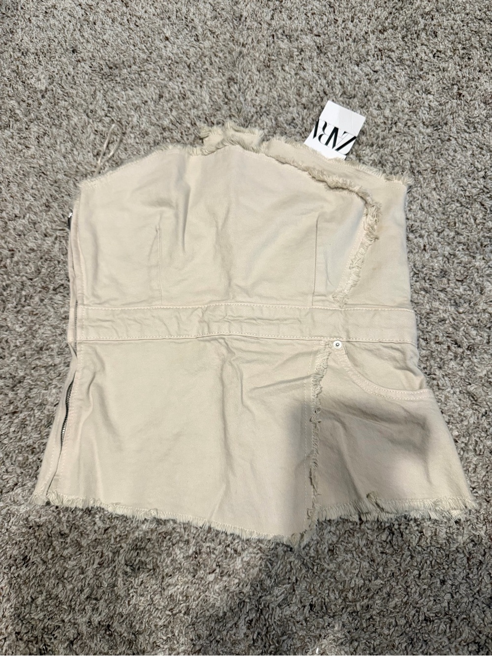 Zara Cream Frayed Strapless Denim Top with side zipper